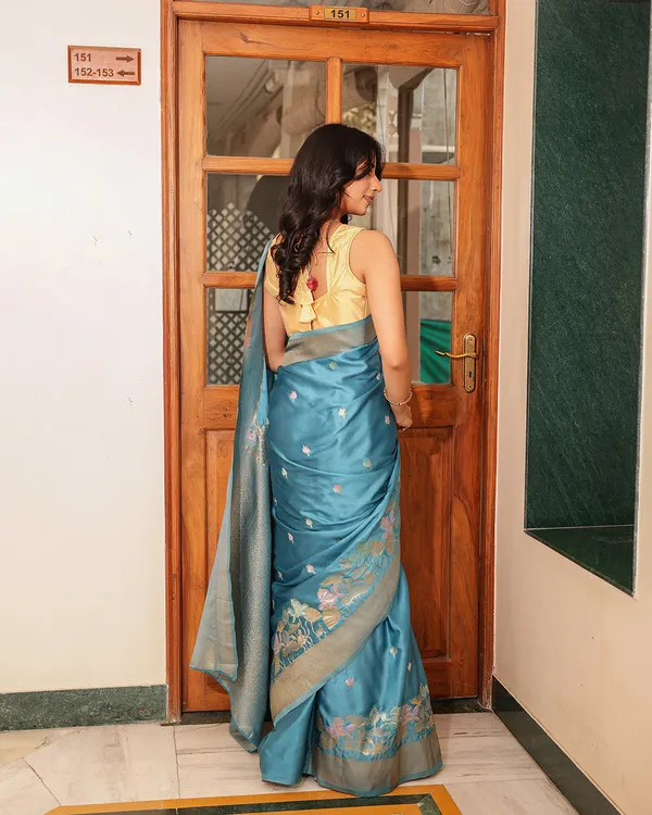 Steel_Blue_Birds_Floral_Silk_Saree