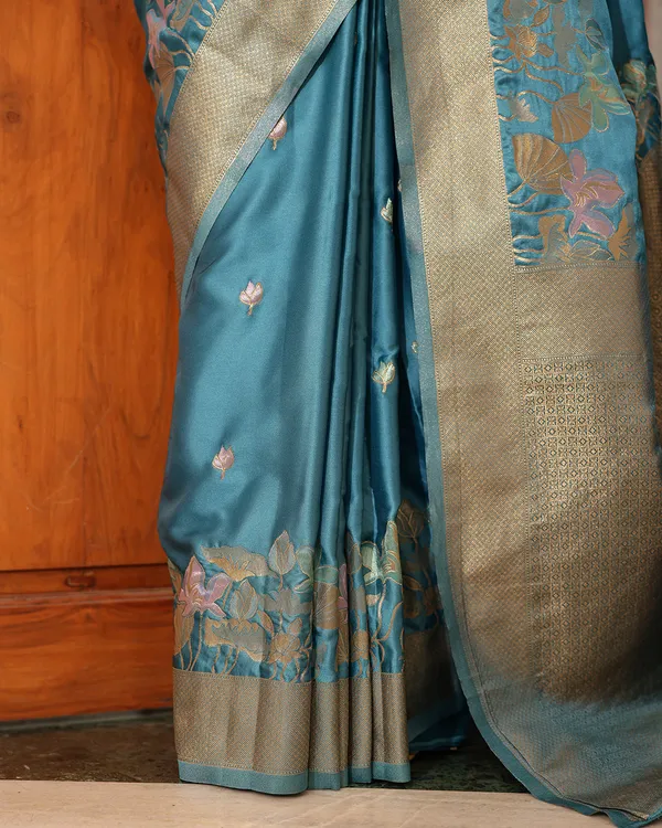 Steel_Blue_Birds_Floral_Silk_Saree