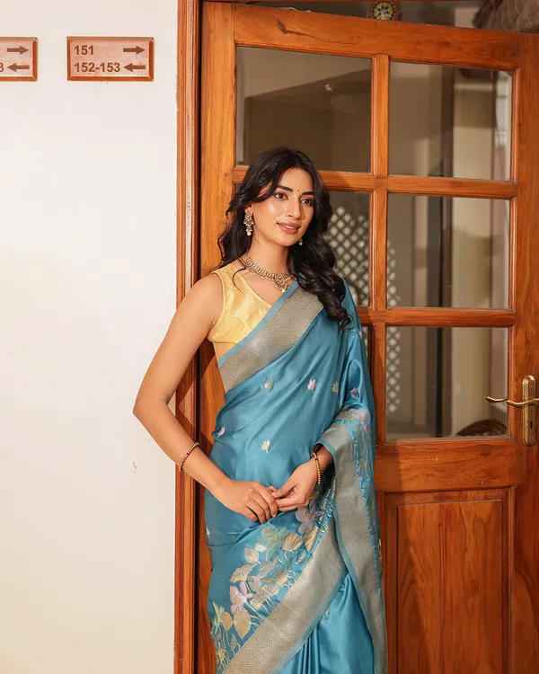 Steel_Blue_Birds_Floral_Silk_Saree