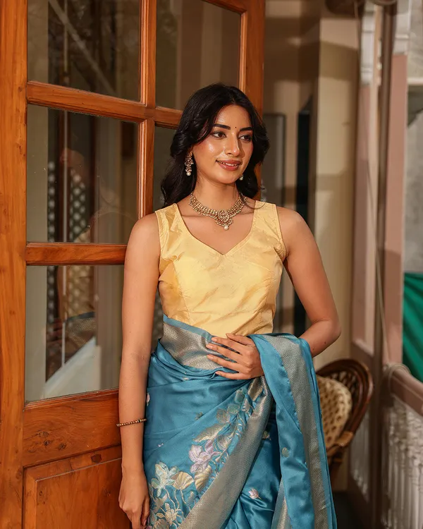 Steel_Blue_Birds_Floral_Silk_Saree