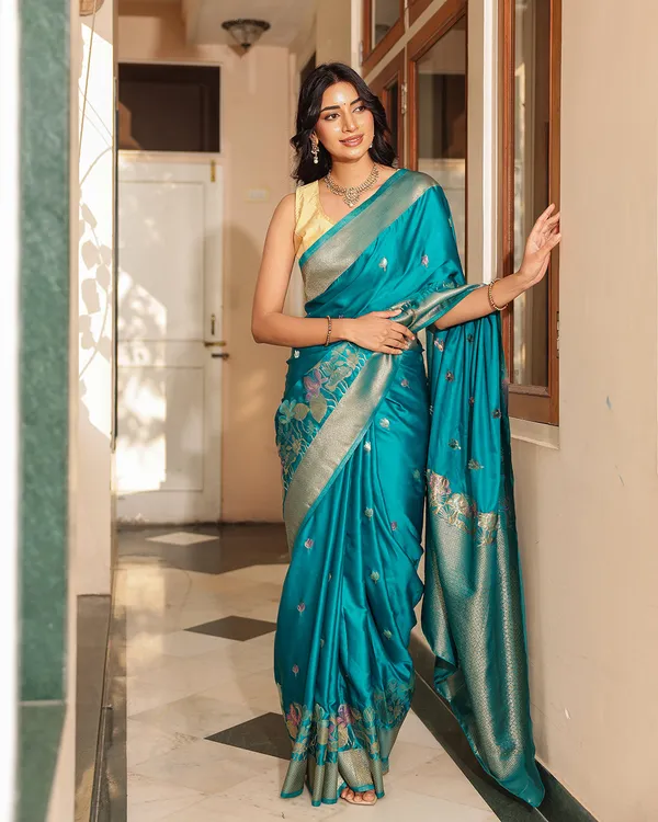 Peacock_Teal_Blue_Floral__soft_Silk_Saree