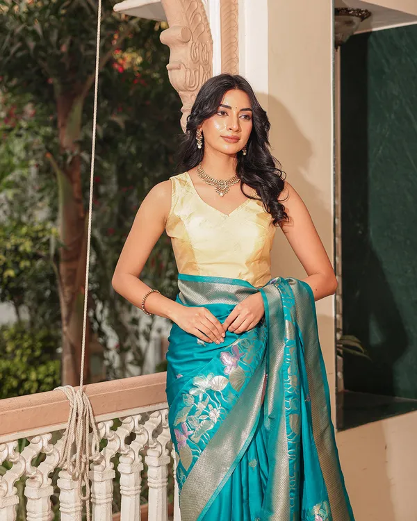 Peacock_Teal_Blue_Floral__soft_Silk_Saree