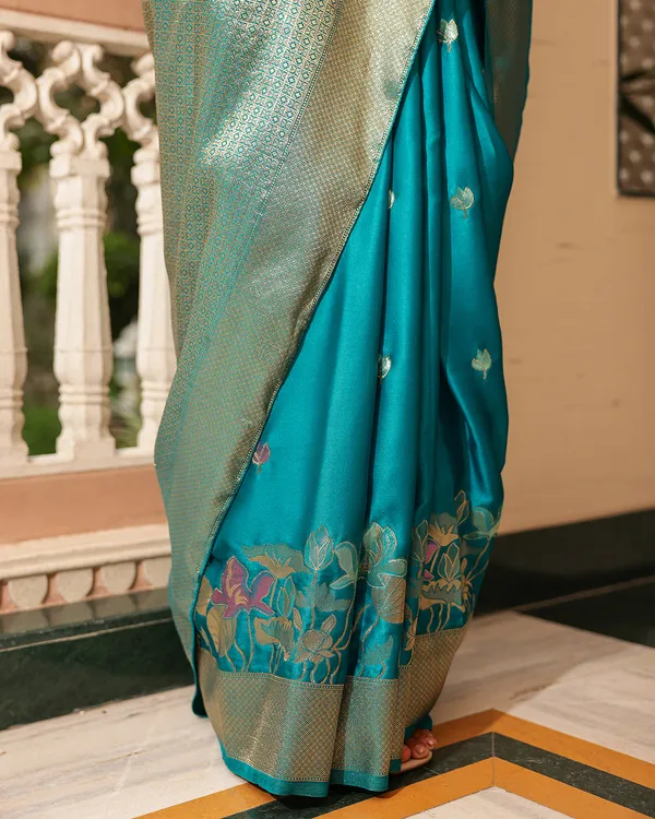 Peacock_Teal_Blue_Floral__soft_Silk_Saree
