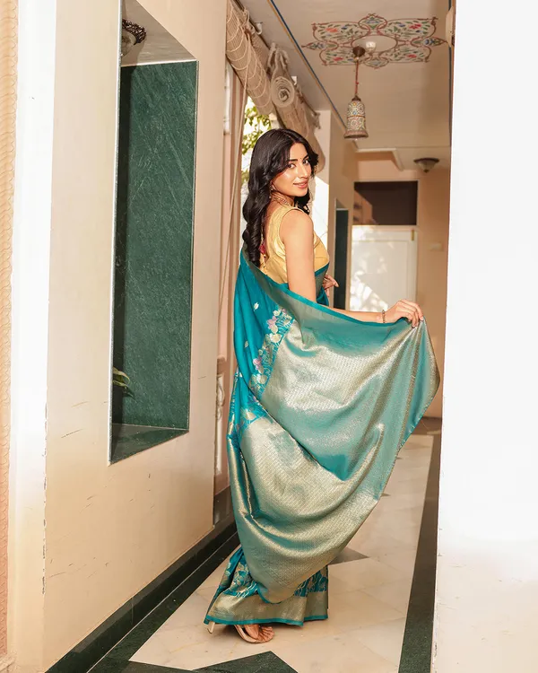 Peacock_Teal_Blue_Floral__soft_Silk_Saree
