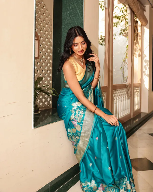 Peacock_Teal_Blue_Floral__soft_Silk_Saree