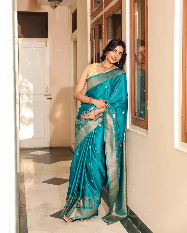 Peacock_Teal_Blue_Floral__soft_Silk_Saree