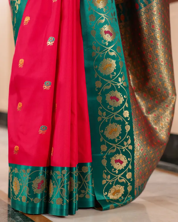 Fuchsia_Pink_Teal_Minakari_Silk_Saree