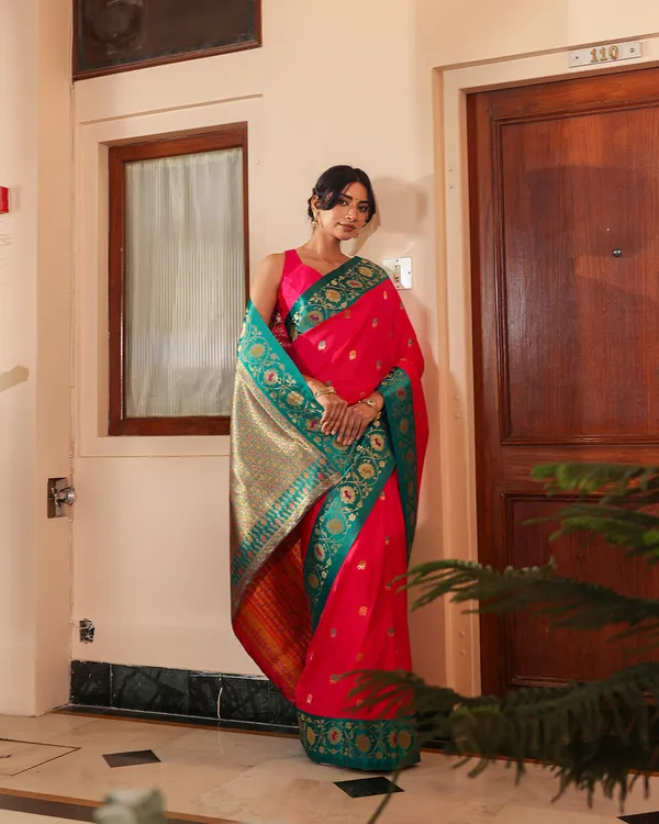 Fuchsia_Pink_Teal_Minakari_Silk_Saree