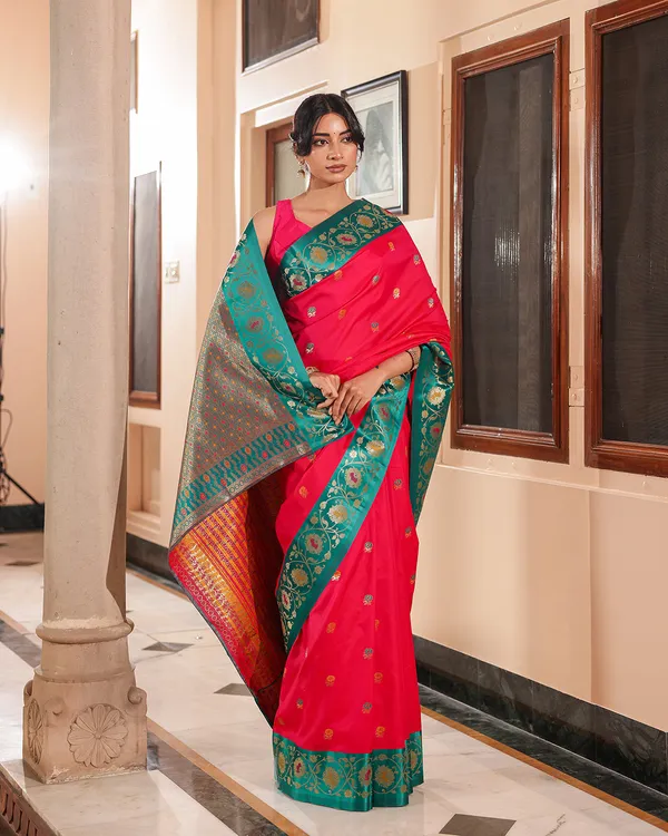 Fuchsia_Pink_Teal_Minakari_Silk_Saree