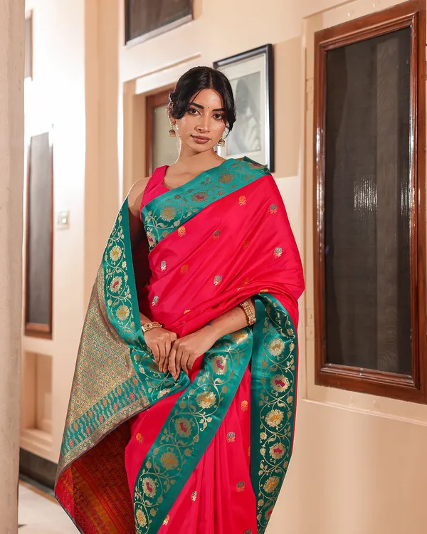 Fuchsia_Pink_Teal_Minakari_Silk_Saree
