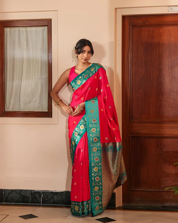 Fuchsia_Pink_Teal_Minakari_Silk_Saree