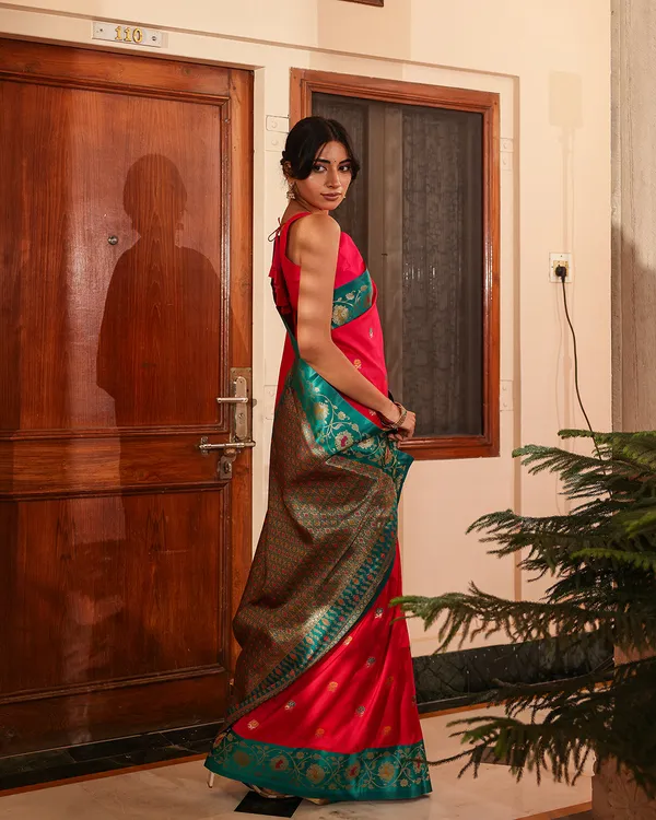 Fuchsia_Pink_Teal_Minakari_Silk_Saree