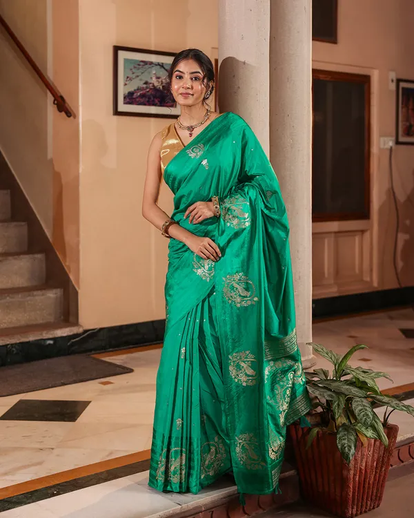 Sea_Green_Sparrow_Motif_Silk_Saree