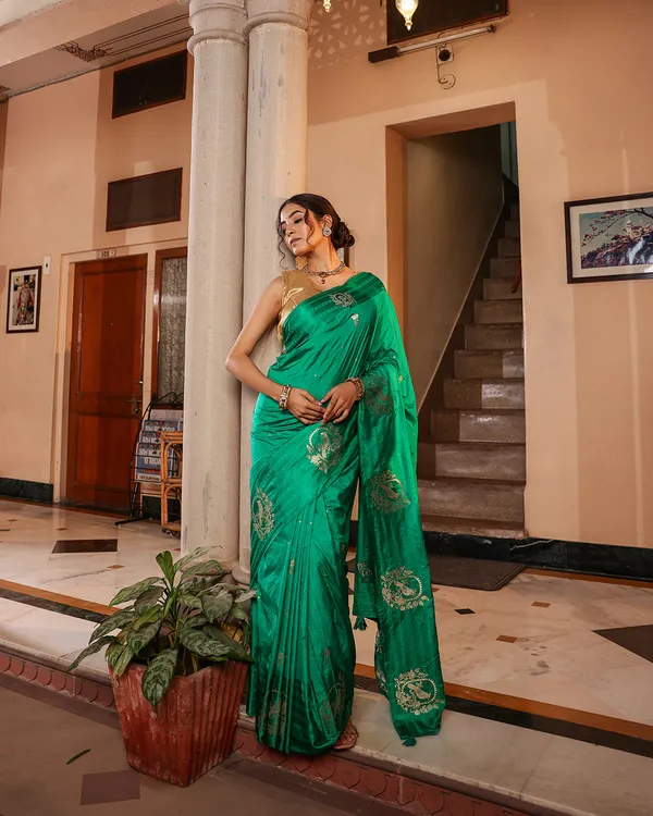Sea_Green_Sparrow_Motif_Silk_Saree