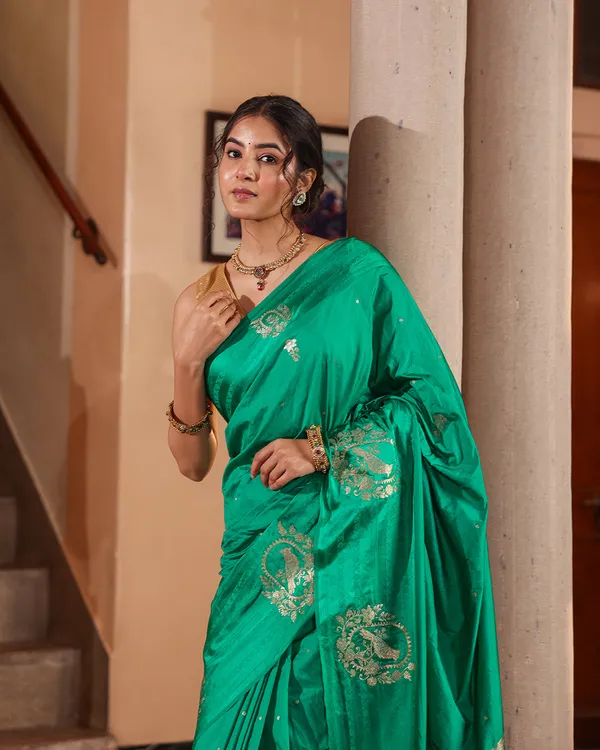 Sea_Green_Sparrow_Motif_Silk_Saree