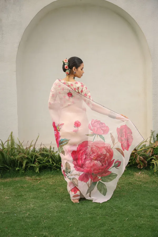 Beige_Floral_Organza_Saree