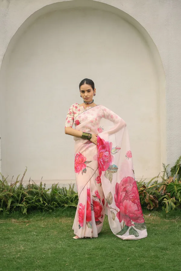 Beige_Floral_Organza_Saree