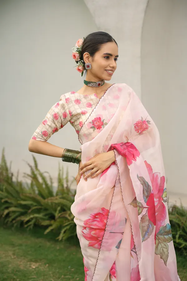 Beige_Floral_Organza_Saree