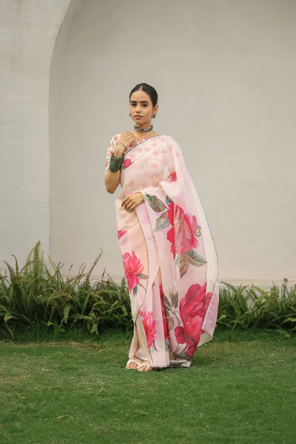 Beige_Floral_Organza_Saree