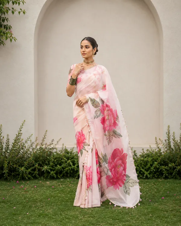 Beige_Floral_Organza_Saree