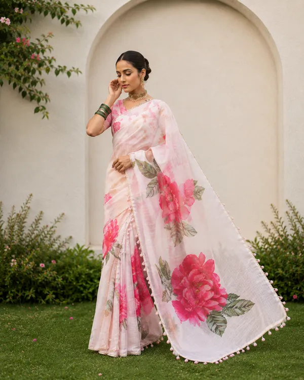 Beige_Floral_Organza_Saree