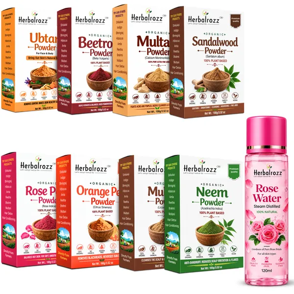 Herbalrozz_Organic_Herbal_Face_Pack_Powder_Pure_Natural_Sandalwood_Powder,_Rose_Petal_Powder,_Multani_Mitti,_Orange_Peel,_Mulethi_Powder,_Ubtan_Powder,_Neem,_Beetroot_Powder,_Pure_Rose_Water_Combo_Pack