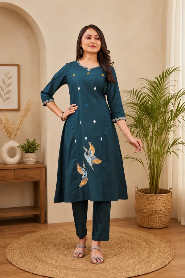 Teal_Cotton_Embroidered_Crane_Motif_A-Line_Kurta_Set_For_Women