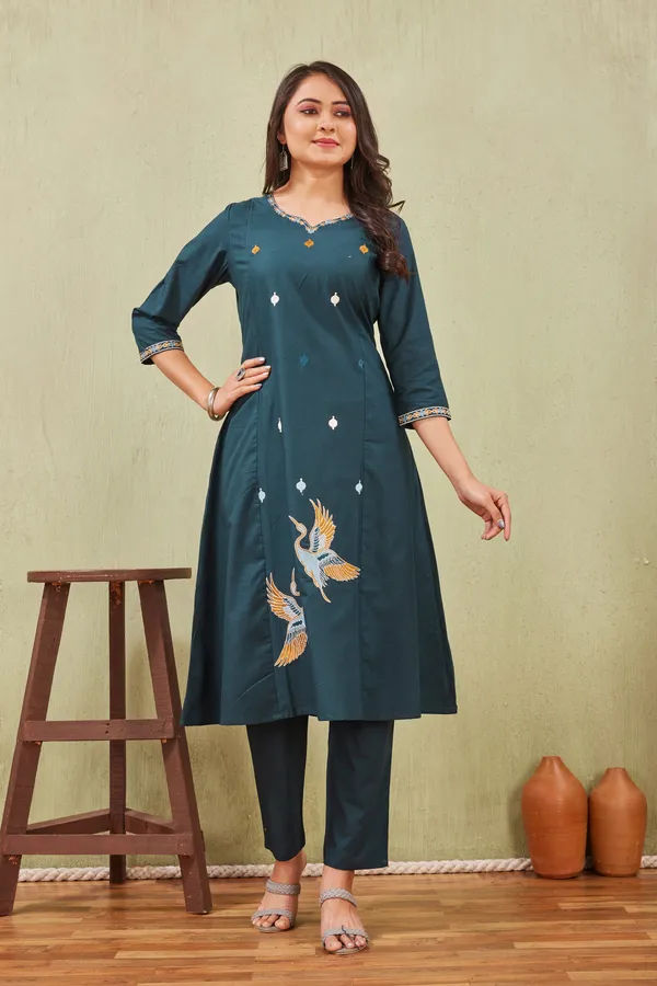 Teal_Cotton_Embroidered_Crane_Motif_A-Line_Kurta_Set_For_Women
