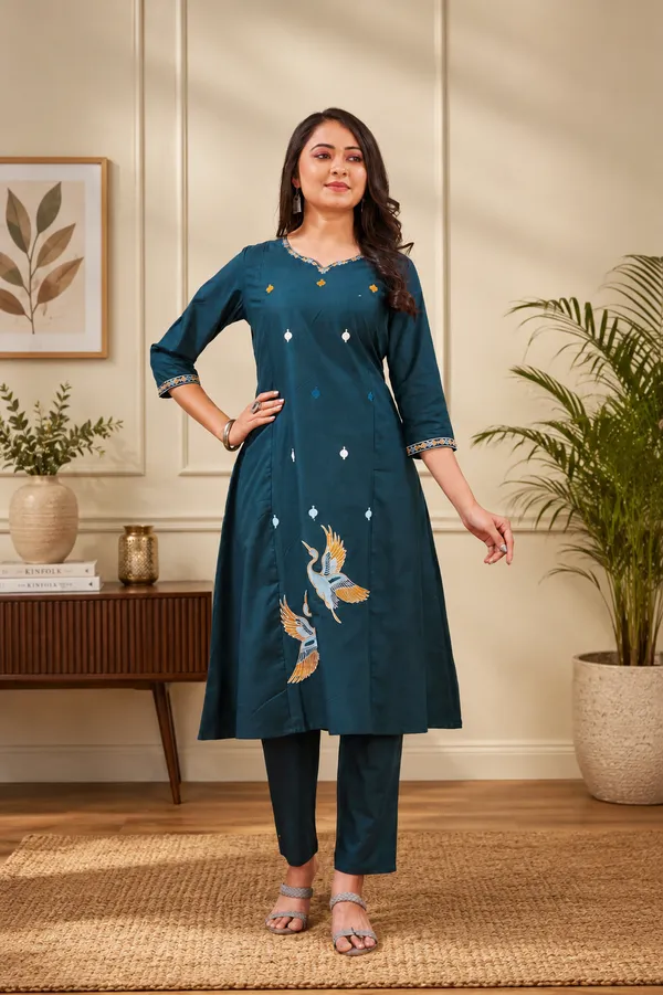 Teal_Cotton_Embroidered_Crane_Motif_A-Line_Kurta_Set_For_Women