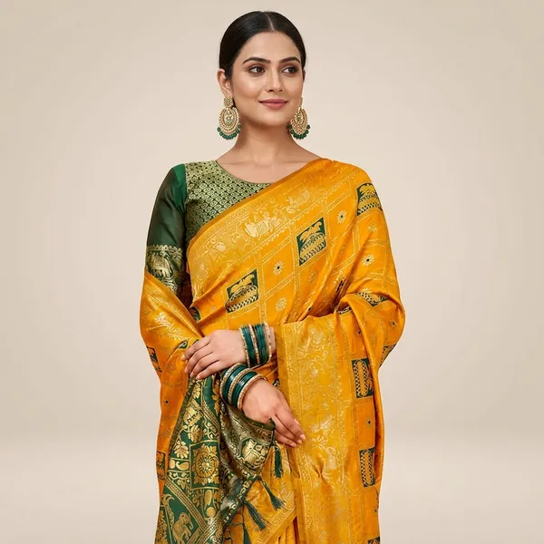 Yellow_Banarasi_Silk_Zari_Woven_Brocade_Saree_For_Women