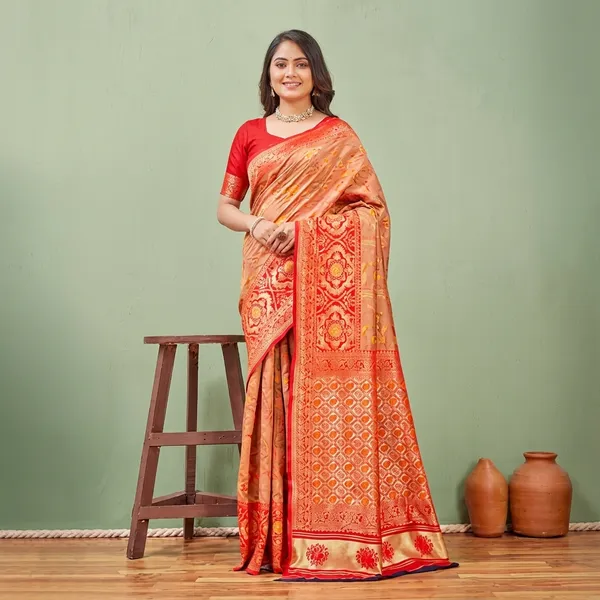 Peach_Banarasi_Silk_Woven_Red_Border_Saree_For_Women