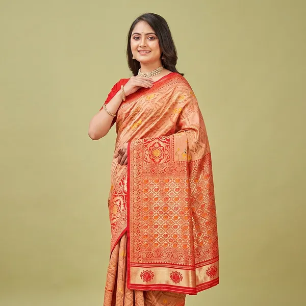 Peach_Banarasi_Silk_Woven_Red_Border_Saree_For_Women
