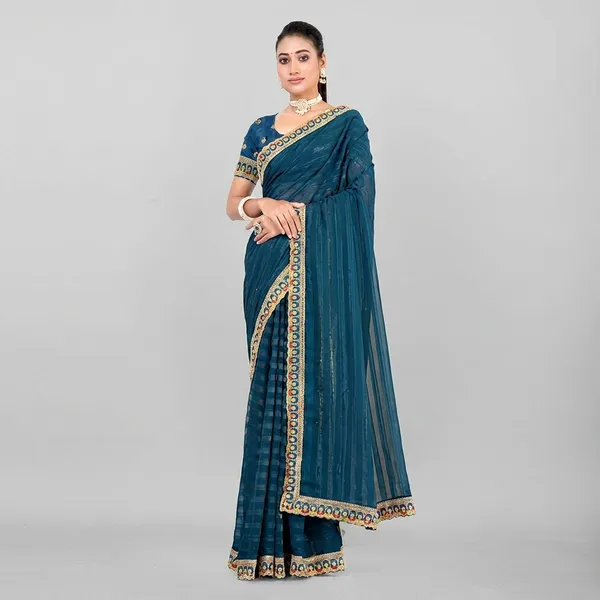 Teal_Blue_Georgette_Embroidered_Border_Saree_For_Women