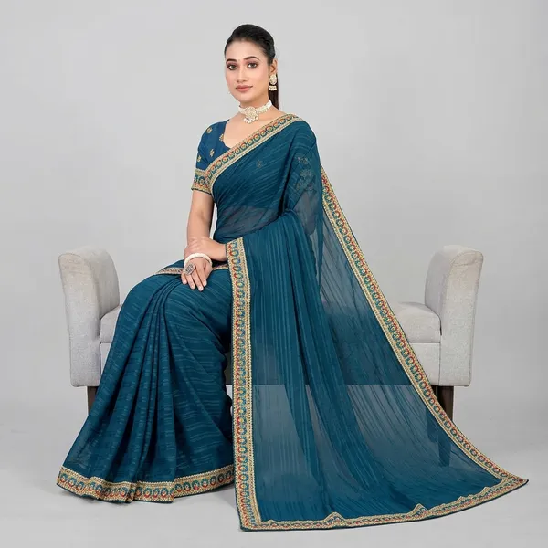 Teal_Blue_Georgette_Embroidered_Border_Saree_For_Women