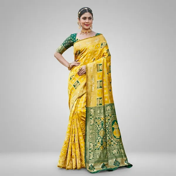Yellow_Banarasi_Silk_Woven_Green_Border_Saree_For_Women