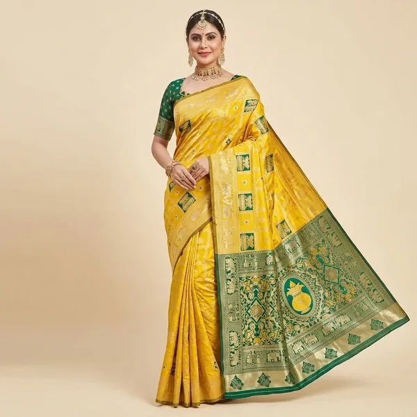 Yellow_Banarasi_Silk_Woven_Green_Border_Saree_For_Women