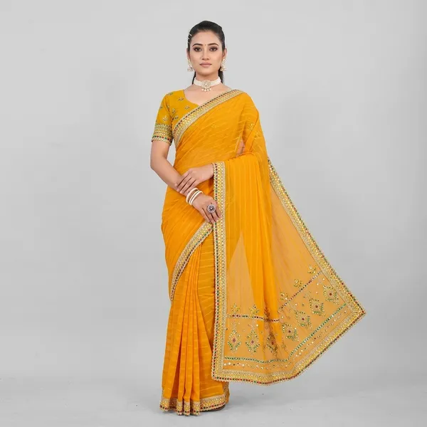 Mustard_Yellow_Georgette_Embroidered_Mirror_Work_Saree_For_Women