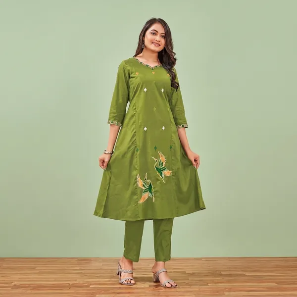 Olive_Green_Cotton_Embroidered_A-Line_Kurta_With_Pants_For_Women
