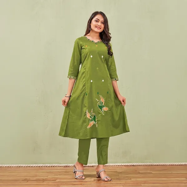 Olive_Green_Cotton_Embroidered_A-Line_Kurta_With_Pants_For_Women