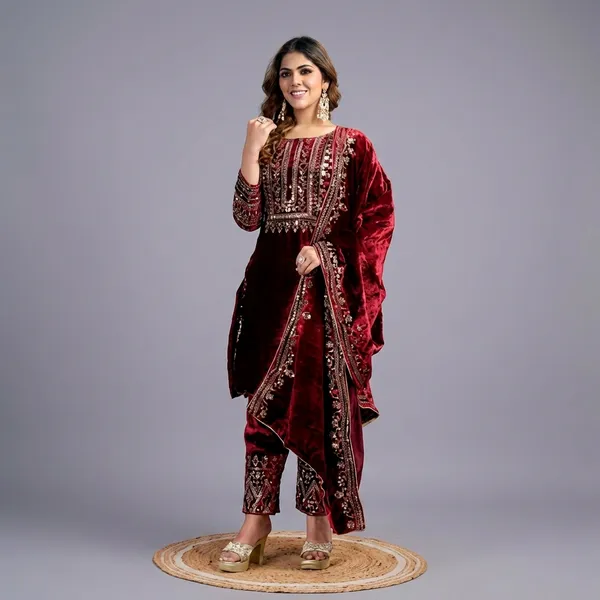 Maroon_Velvet_Embroidered_Kurta_Set_With_Dupatta_For_Women