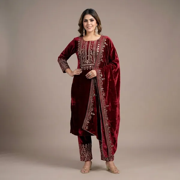 Maroon_Velvet_Embroidered_Kurta_Set_With_Dupatta_For_Women