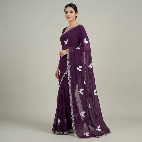 Purple_Georgette_Butterfly_Embroidered_Saree_For_Women