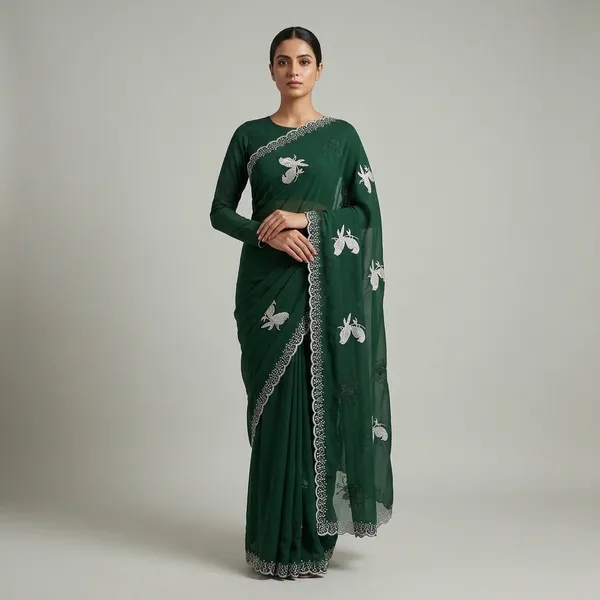 Green_Georgette_Butterfly_Motif_Embroidered_Saree_For_Women