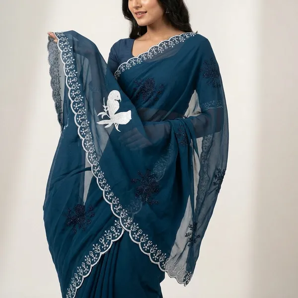 Blue_Georgette_Bird_Motif_Embroidered_Saree_For_Women