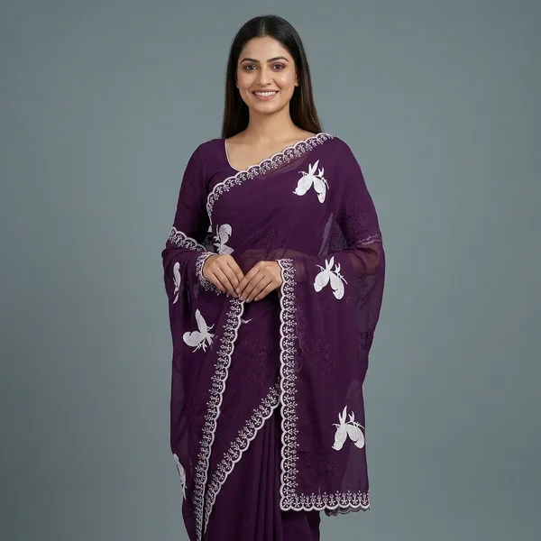 Purple_Georgette_Embroidered_Butterfly_Motif_Saree_For_Women
