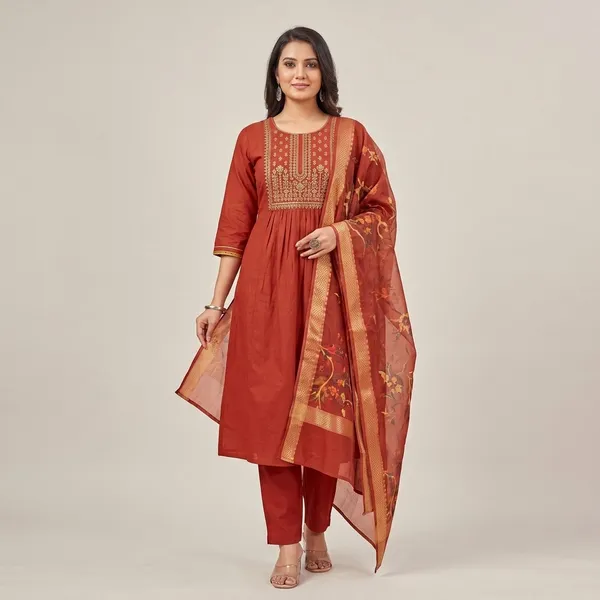 Rust_Red_Cotton_Embroidered_Kurta_Set_With_Dupatta_For_Women