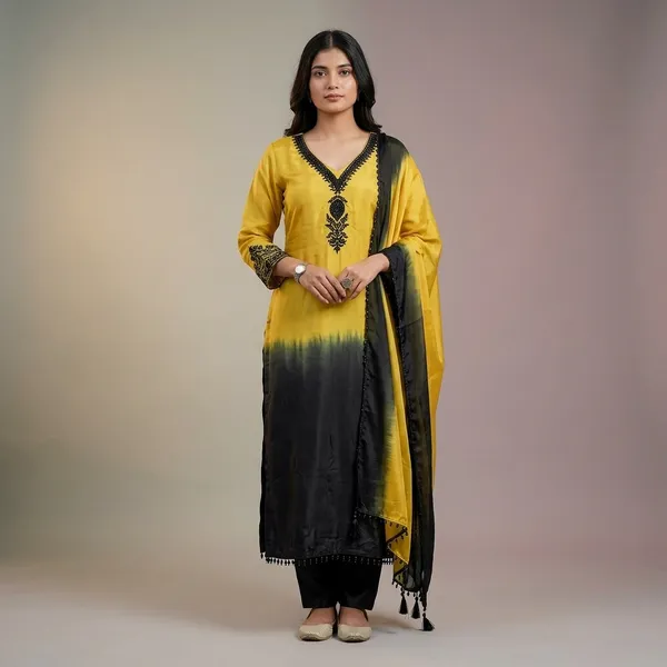 Yellow_Grey_Ombre_Silk_Embroidered_Kurta_Set_With_Dupatta_For_Women