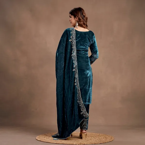 Teal_Velvet_Embroidered_Salwar_Kameez_Set_For_Women