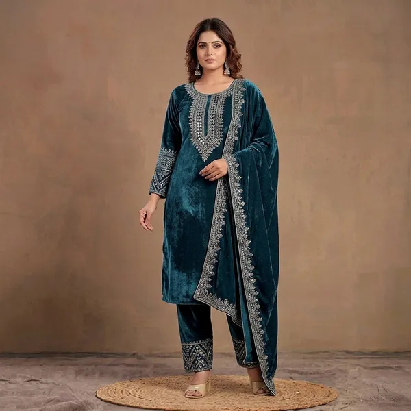 Teal_Velvet_Embroidered_Salwar_Kameez_Set_For_Women