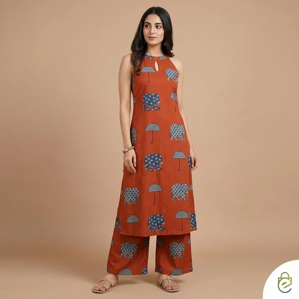Rust_Orange_Rayon_Geometric_Print_Sleeveless_Kurta_Palazzo_Set_For_Women